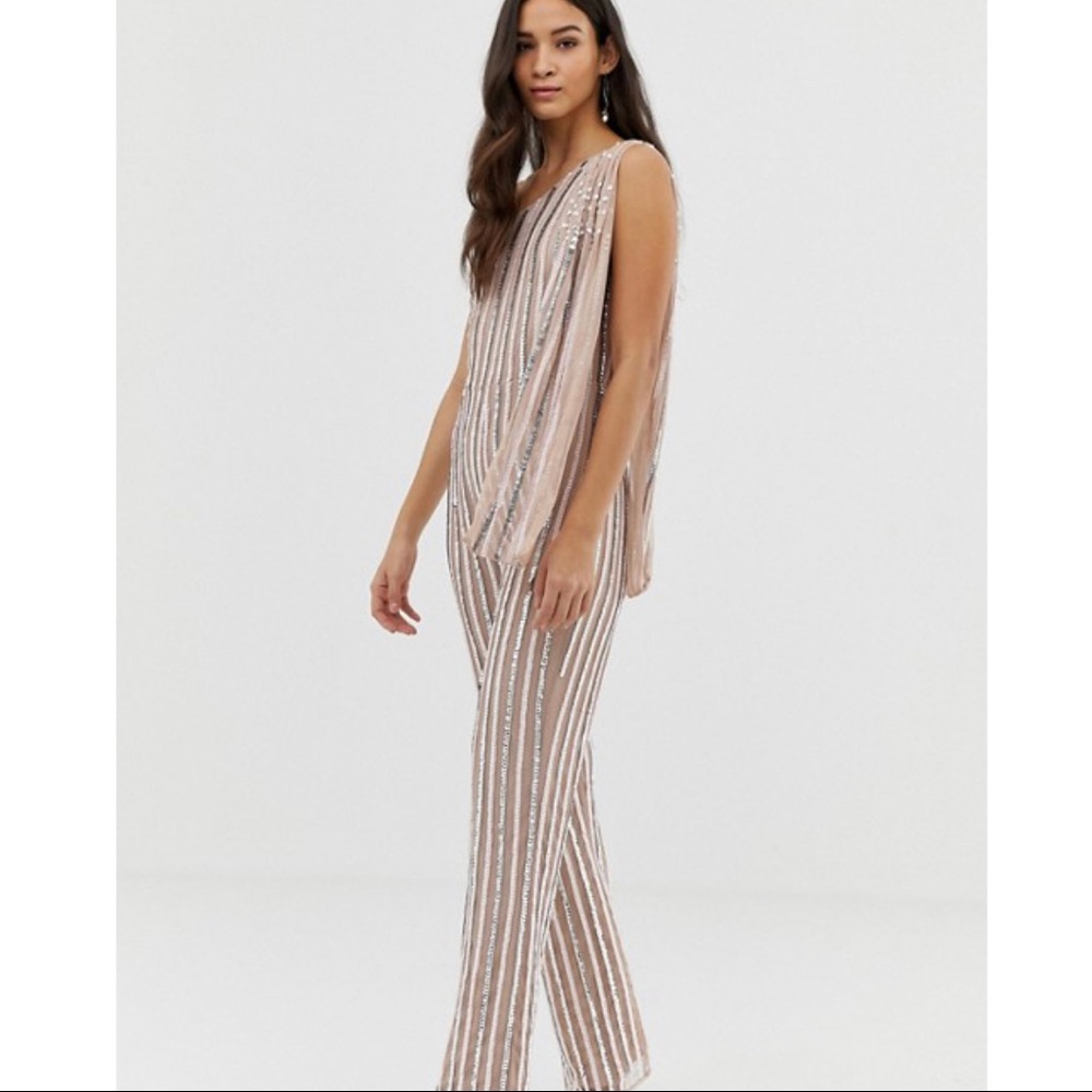 Embellished one shoulder jumpsuit shoulder cape